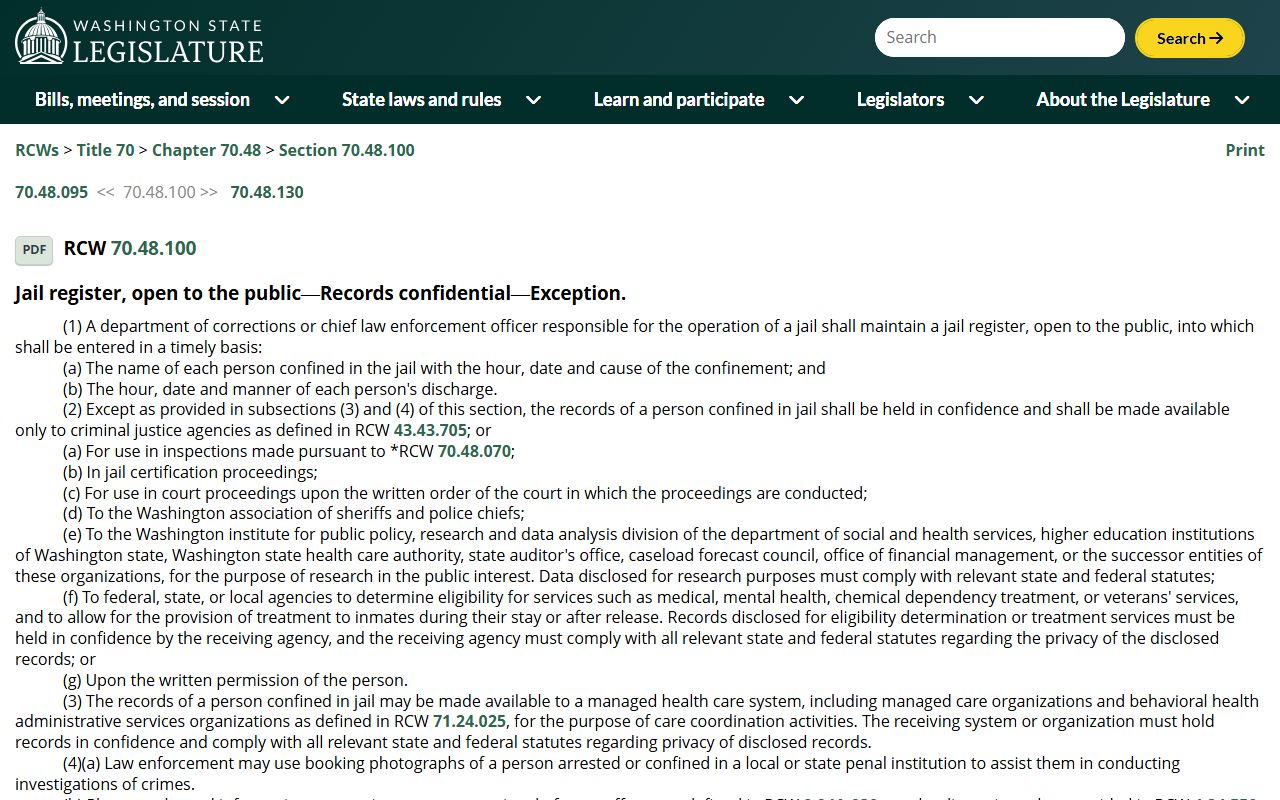 Washington Released Inmates jail register RCW